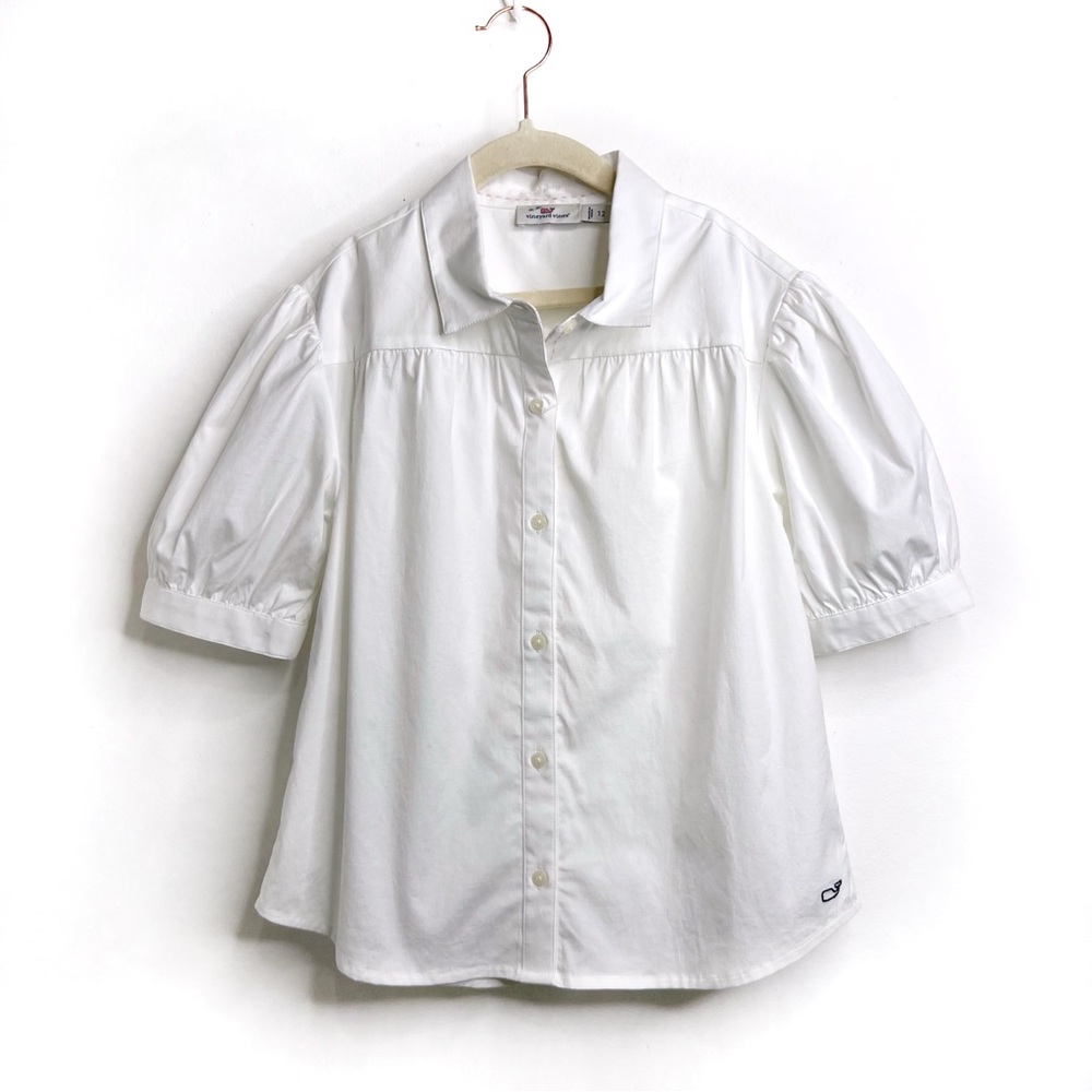 Vineyard Vines Girls Puff Sleeve White Poplin Shirt